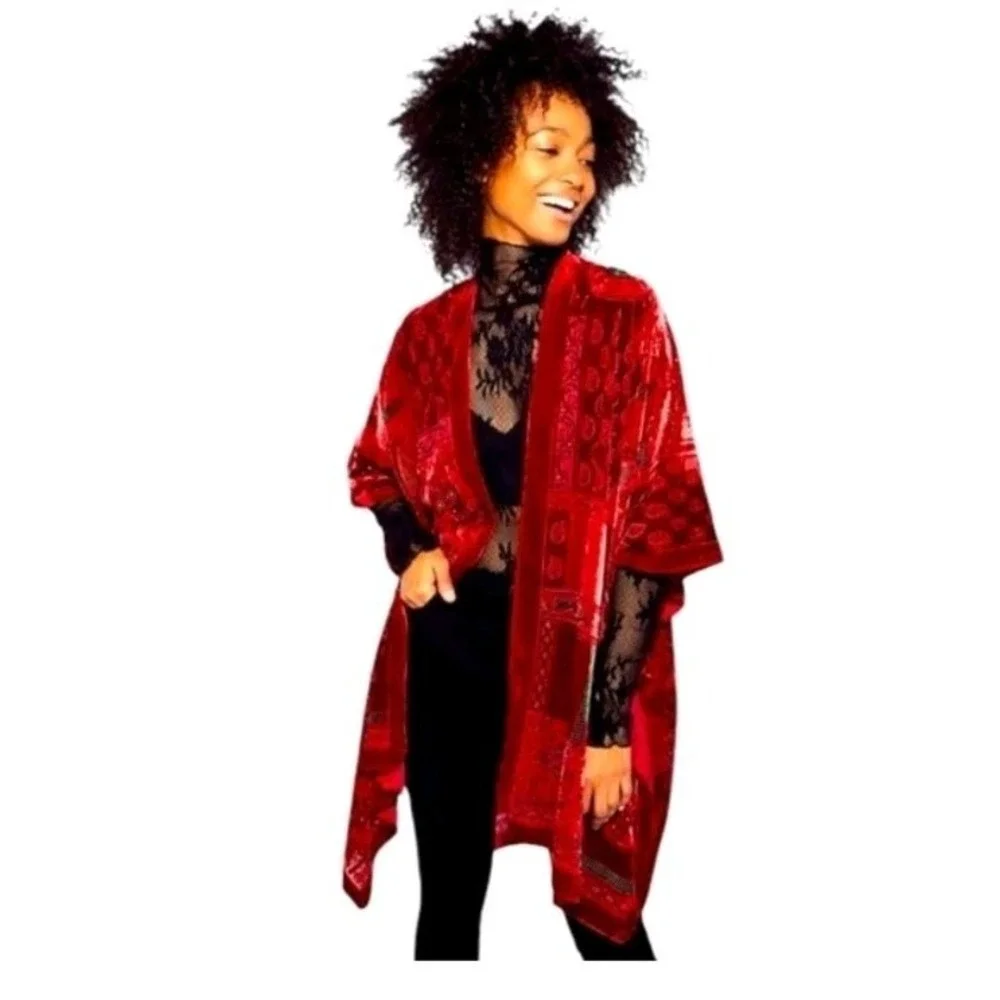 Free People Dark Paradise Kimono One Size Red Velvet Embroidered Whimsigoth Wrap